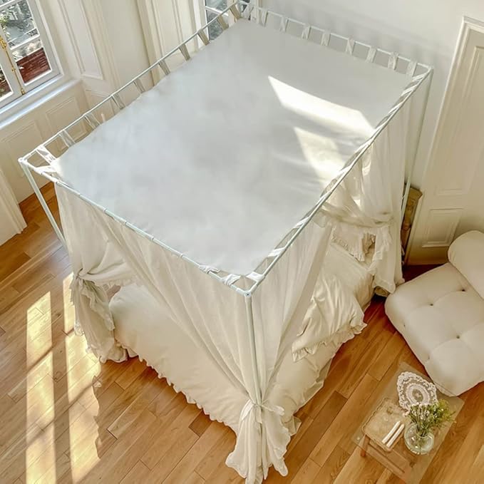 Mengersi Linen Canopy Bed Curtains,Bed Canopy Curtains Bed Drapes Sheer Curtains for Bedroom Decor (Ivory, Full)