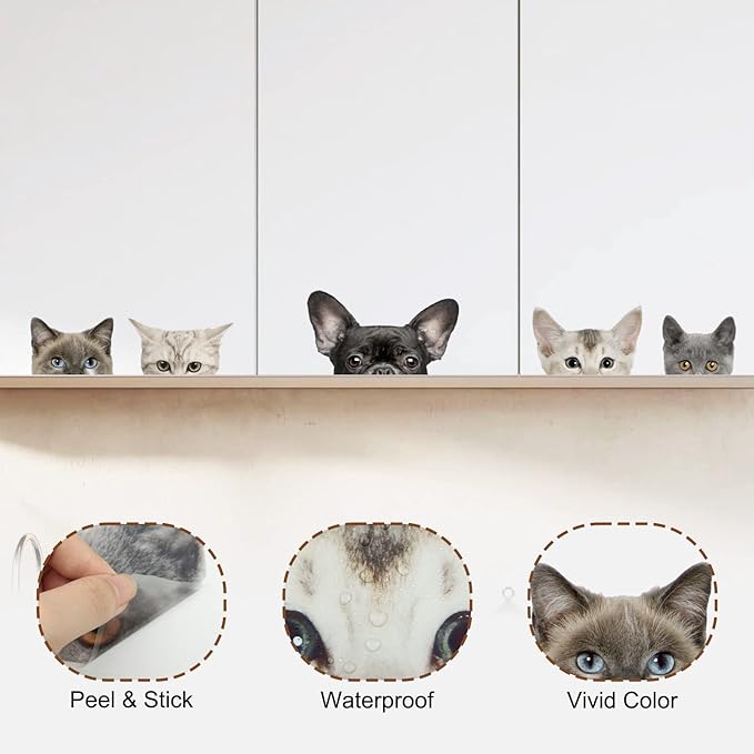 Funny Cats Wall Art Stickers Realistic Hidden Cats Wall Decals Peel Stick, Removable Vinyl Cat Head Stickers Gifts for Kids Friends Playroom Bathroom Bedroom Wall Art Decoration