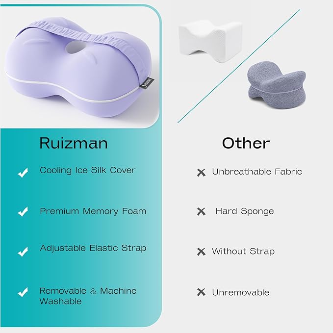 Ruiman Cooling Knee Pillow for Side Sleepers - Between Leg Pillow for Side Sleepers Pregnancy - Memory Foam Knee Pillows for Knee & Hip Pain - Pillow for Between Knees While Sleeping (Lavender)