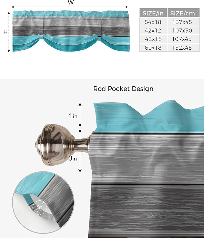 Farmhouse Blackout Tie Up Valance Curtains for Kitchen Windows, Aqua Blue Gray Window Toppers Balloon Shades for Living Room/Bathroom/Bedroom,1 Panel,42" X 12" Retro Rustic Barn Wood Texture