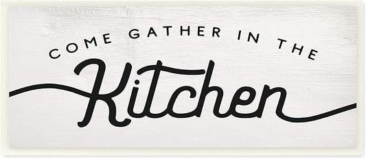 Stupell Industries Come Gather in The Kitchen Sign Family Charm, Designed by Daphne Polselli Wall Plaque, 7 x 17, Off- White