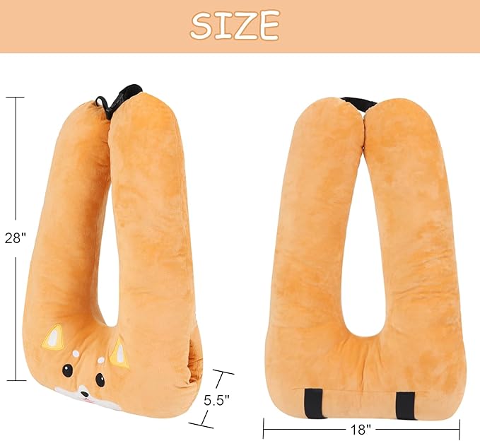 Kids Travel Pillow for Car Seat with Hand Muff, Cartoon Neck & Headrest Seat Belt Pillow for Car Road Trips Long-Distance Travel Sleeping Pillow for Adults and Children, Corgi