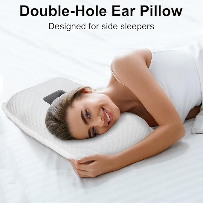 Ear Piercing Pillow with 2 Holes for Ear Pain CNH Side Sleepers, Adjustable Memory Foam Ear Pillow for Ear Discomfor, Earrings, Noise-Canceling Earplugs, Headphones, Enjoy Sound Sleep
