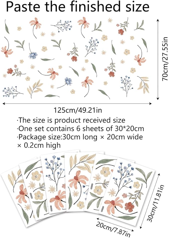 Boho Flower Wall Decals,Watercolor Flower Wall Art,Wildflower Wall Decals,Girls Bedroom Removable Wall Decals (Boho Colorful Flower Wall decals)