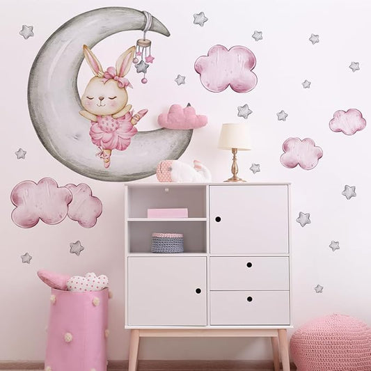 Adorable Rabbit Wall Decals - Moon & Stars Themed - 2 Sheets, 90x35.43cm Each - Easy Peel & Stick for Kids' Room Decor