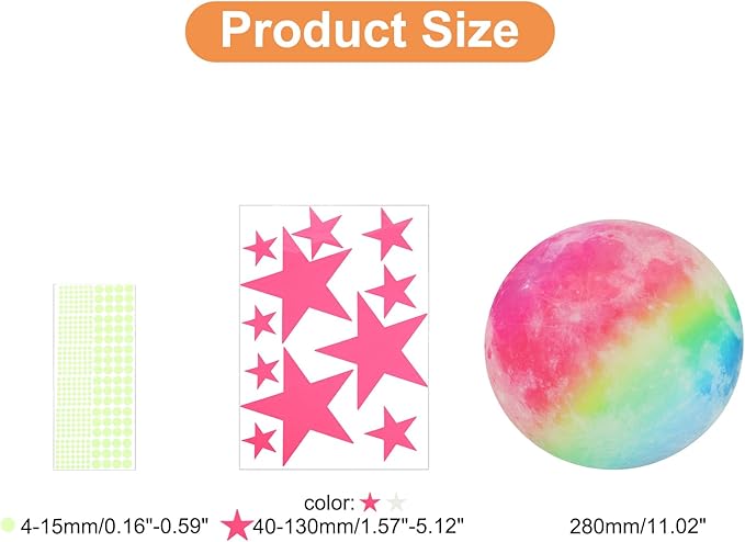 uxcell Glow in The Dark Stickers, Dots and Stars Wall Decals in Two Colors, Glowing Star Decal Decoration for Ceiling and Wall, 280mm Moon