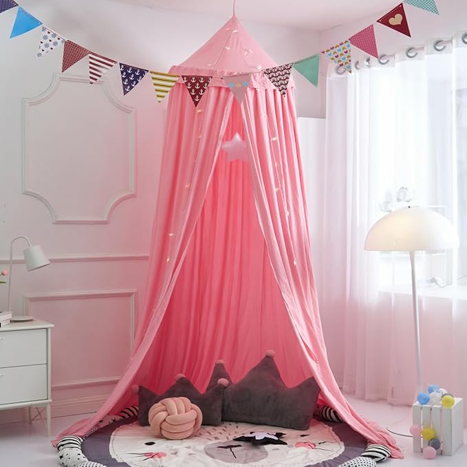 Upgrade Version of Canopy for Kids Bed, Extra Large Canopy for Girls Room Decoration Princess Castle Play Tent Hanging House, Dreamy Canopy for Children Room Reading Nook Canopies (Nordic Pink Ruffle)