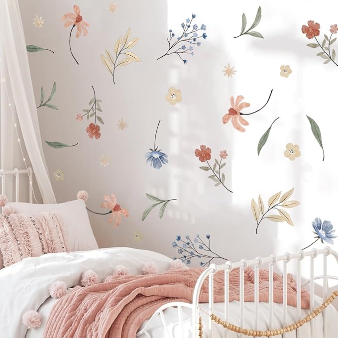 Boho Flower Wall Decals,Watercolor Flower Wall Art,Wildflower Wall Decals,Girls Bedroom Removable Wall Decals (Boho Colorful Flower Wall decals)