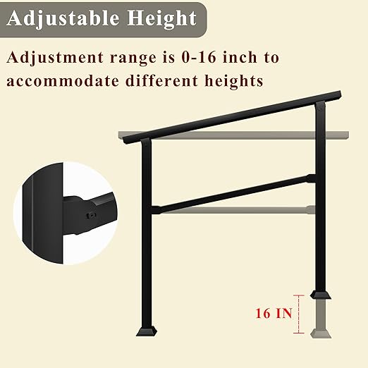 Hand Rails for Outdoor Steps, 40" x 36" Fits 2-3 Steps Stair Handrail, Black Metal Railings for Indoor Steps, Porch Railing, Deck Railing, Easy Install Stair Handrail(1 Pack) 