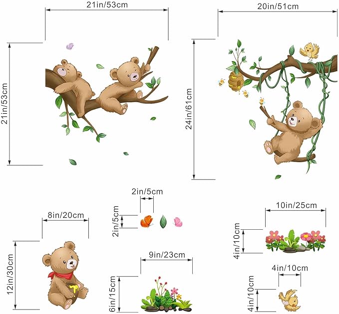 Woodland Bear Wall Stickers - Baby Animal Tree Branch Wall Decals - Nursery Kids Girls Boys Room Daycare Playroom Classroom Wall Decor