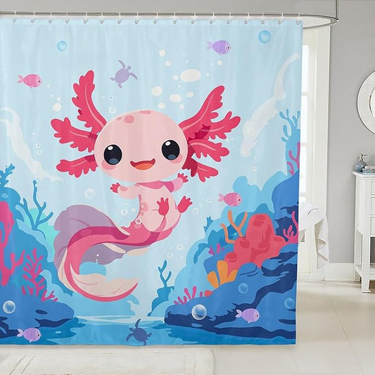 Feelyou Boys Girls Cute Axolotl Bath Curtain Ocean Sealife Shower Curtain Kids Cartoon Salamander Bathroom Shower Curtain Set Kawaii Teens Bathroom Accessories Room Decor 72"x72"
