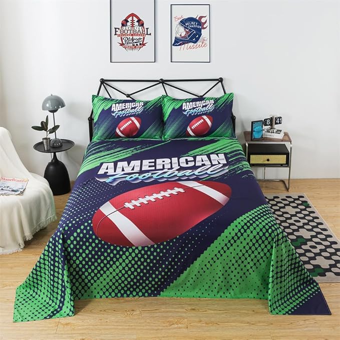 qjmiaofang Kids American Football Sheet Set Full Size for Boys Football Sheets Sports Sheets 4Pieces Sport Play Football Bedding Set Rugby Bed Sheets 1 Flat Sheet 1 Fitted Sheet 2 Pillowcases