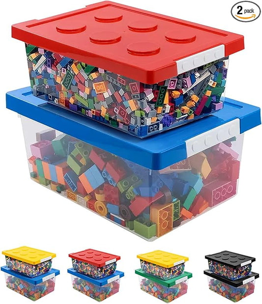 loobuu Plastic Storage Bins with Lids - Stackable Toy Storage Organizer Box Set of 2, Kids Toy Chests with Compatible Building Baseplate and Lid, Storage Container for Building Bricks - Red+Blue