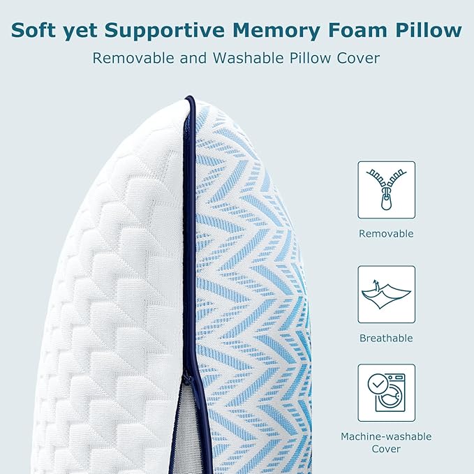 Memory Foam Pillows Standard Size, Cooling Gel Standard Pillow Ventilated, Medium Firm Bed Pillow for Sleeping, Cool Orthopedic Pillow with Washable Removable Zippered Pillow Cover, 1 Pack