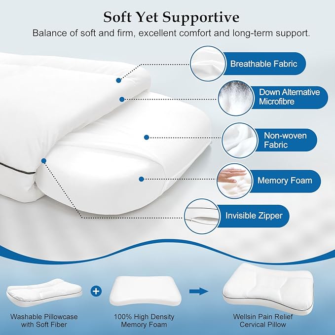Cervical Neck Pillow for Sleeping, Orthopedic Contour Pillow for Neck and Shoulder Pain Relief, Cervical Memory Foam Support Pillows for Side, Back and Stomach Sleepers