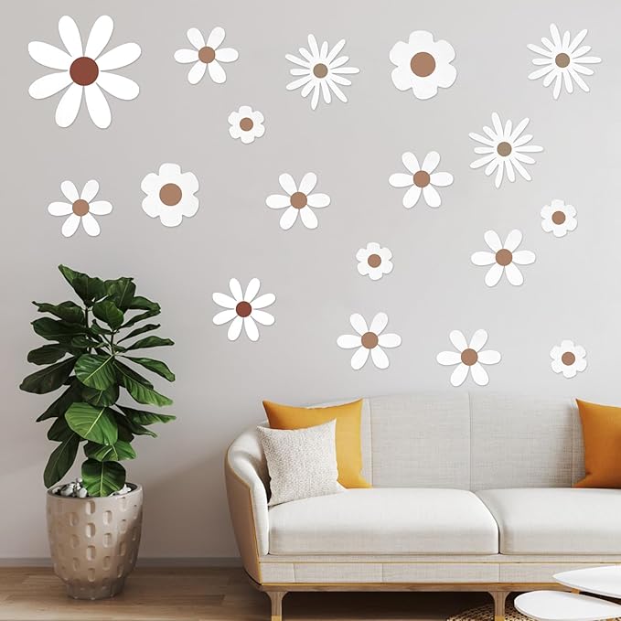 Daisy Wall Decals Flower Wall Stickers, Big Daisy Stickers Floral Decor Peel and Stick for Girls Kids Bedroom Nursery Playroom Living Room (White)