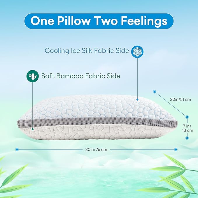 Cooling Pillows for Sleeping Queen Size Set of 2,Shredded Memory Foam Bed Pillow with Pillow Case-Double Sided Material,Adjustable Loft Queen Pillow for Side & Back Sleeper-Medium Firm