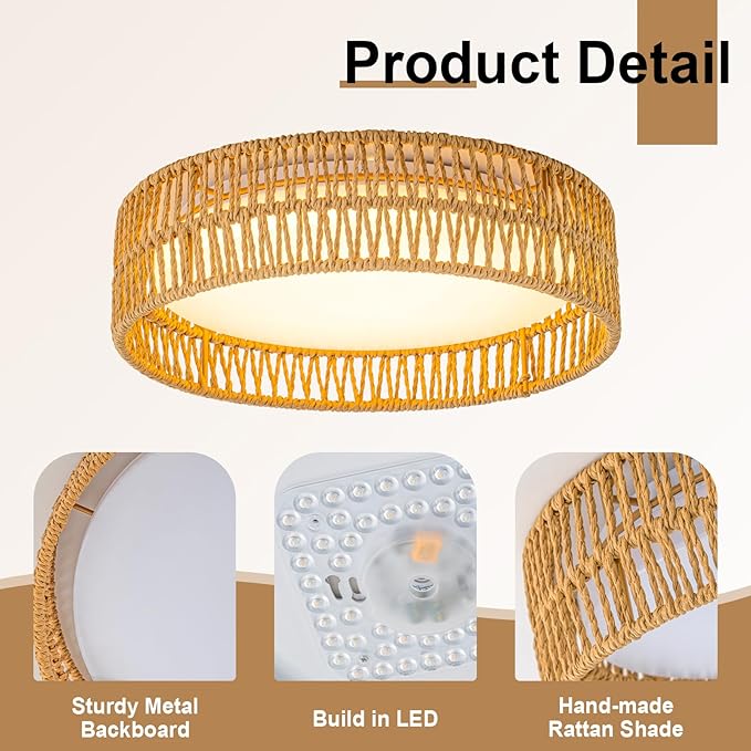 SineRise 12" Flush Mount Ceiling Light,25W LED Rattan Ceiling Light Fixture,Dimmable Handmade Boho Light Fixtures with Rattan,Farmhouse Lighting Fixtures Ceiling for Hallway Kitchen Bedroom(Gold)