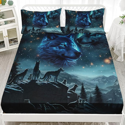 AILONEN Boys Wolf Fitted Sheet Set Full Size, 3 Pieces Evening Starry Bedding Set Wild Animal Wolf Sheet Set for Boys Men Kids,Wildlife Bed Sheet Set Wolf Fitted Sheet with 2 Pillowcases