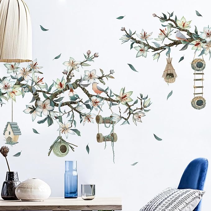 Bird on The Tree Branch Wall Decals Fresh Magnolia Spring Wall Stickers Living Room Bedroom Sofa TV Background Wall Decor