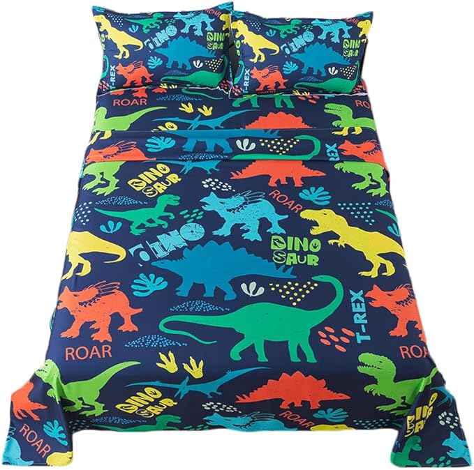 qjmiaofang Dinosaur Queen Sheets for Boys Dinosaur Bed Sheets 4Pieces Jungle Sheets with T-Rex Dinosaur Flat Sheet Set Wildlife Dinosaur Fitted Sheet 1 Fitted Sheet 1 Flat Sheet 2 Pillowcases