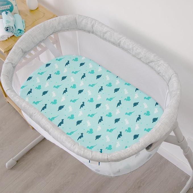 Baby Bassinet Fitted Sheets 4 Pack Compatible with 4moms MamaRoo Sleep, Regalo Baby Basics Bassinet and Chicco Close to You 3-in-1 Bedside, Ultra Soft and Skin-Friendly, Aqua Dinosaurs & White Ocean