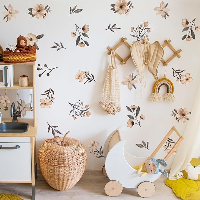 Boho Flower Wall Decals,Watercolor Flower Wall Art,Wildflower Wall Decals,Girls Bedroom Removable Wall Decals,Nursery Kids Room Decor Vinyl Murals DIY Cute Decorations (Boho Flower Wall Decals)