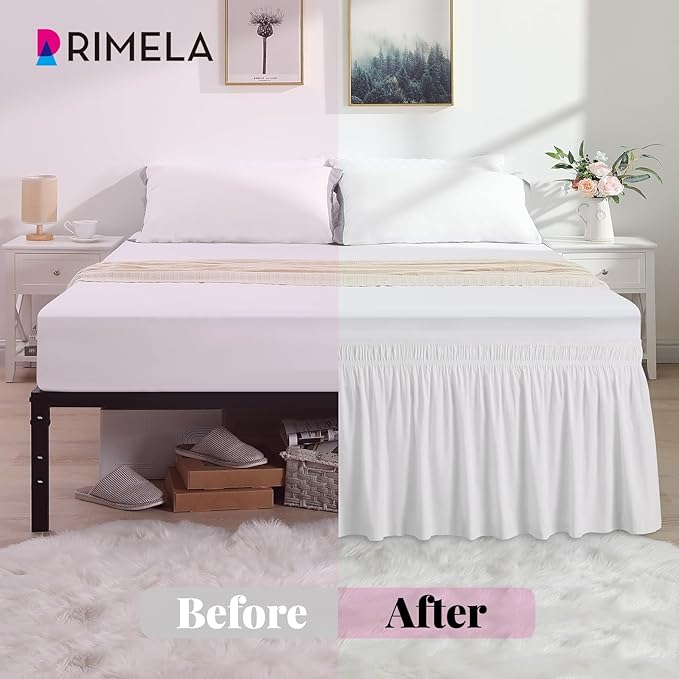 RIMELA Bed Skirting Queen Size White Bed Skirt 21 Inch Drop, Wrap Around Elastic Adjustable Bedskirt, Dust Ruffle for Bed Frame & Box Spring Soft Durable Fabric Machine Washable Easy to Install