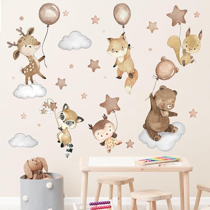 Mfault Jungle Baby Animals Wall Decals Stickers, Woodland Bear Deer Owl Fox Squirrel Raccoon Nursery Decorations Boys Girls Bedroom Art, Cloud Stars Balloon Neutral Toddlers Kids Room Playroom Decor
