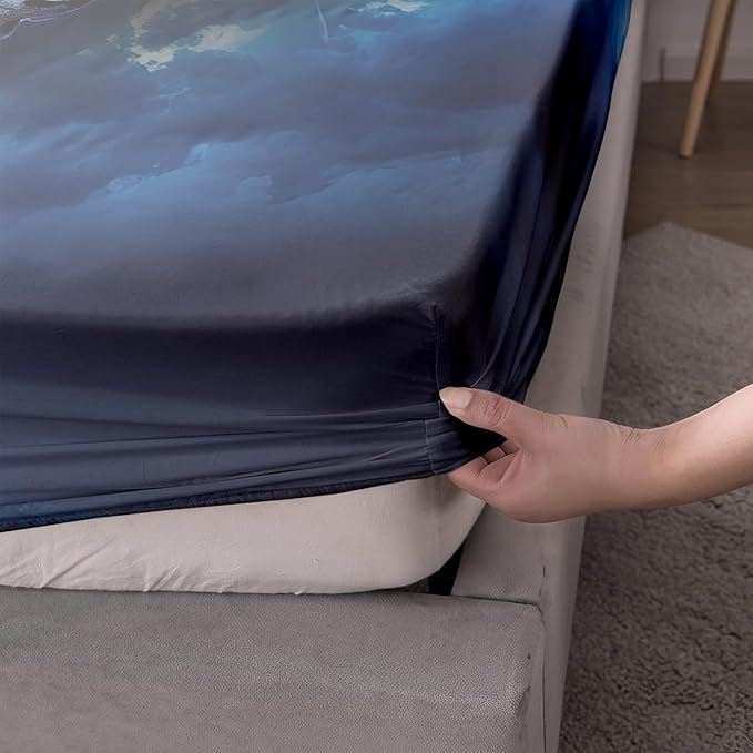 AILONEN Wolf Fitted Sheet Set Twin Size, Black Wolf Lightning Howling Wolf Bed Sheet Set for Boys,Wildlife Soft 3D Printed Fitted Sheet with 2 Pillowcases,3 Pieces