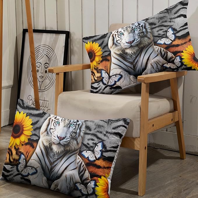 AILONEN Tiger Fitted Sheet Set Full Size, 3 Pieces White Tiger Fur Printed Bed Sheet Set,Kids Boys Girls Sunflower Tiger Sheet Set,Butterfly Tiger Fitted Sheet with 2 Pillowcases