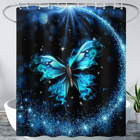 AILONEN Butterfly Shower Curtain Bathroom 48" W*72" H Sparkly Blue Butterflies Curtain Cloth Fabric Bathroom for Girls Kids,Boho Style Shower Curtain Set