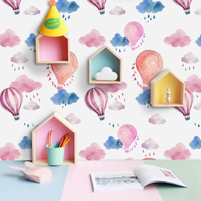 Removable 15.8 x 98.4inch Rainbow 3D Hot Air Ballon and Clouds Wall Decals DIY Wallpaper Wall Stickers Murals Decor for Kids Babys Girls Bedroom Teens Nursery Living Room Door Desk Decoration (Ballon)