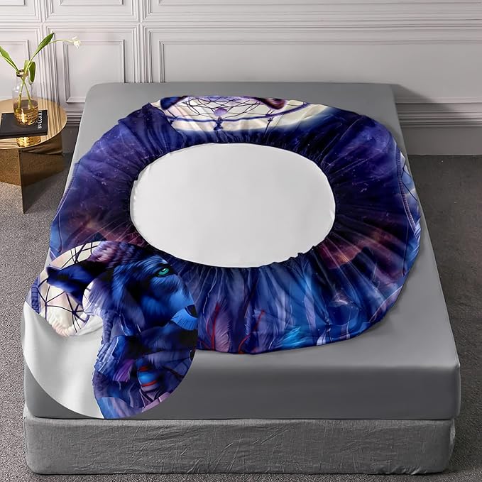 AILONEN Wolf Dream Catcher Fitted Sheet Set Queen Evening Purple Galaxy Starry Moon Wolf Bed Sheet with 2 Pillowcases,3 Pieces Wolf Print Boys Girls Queen Fitted Sheet Set