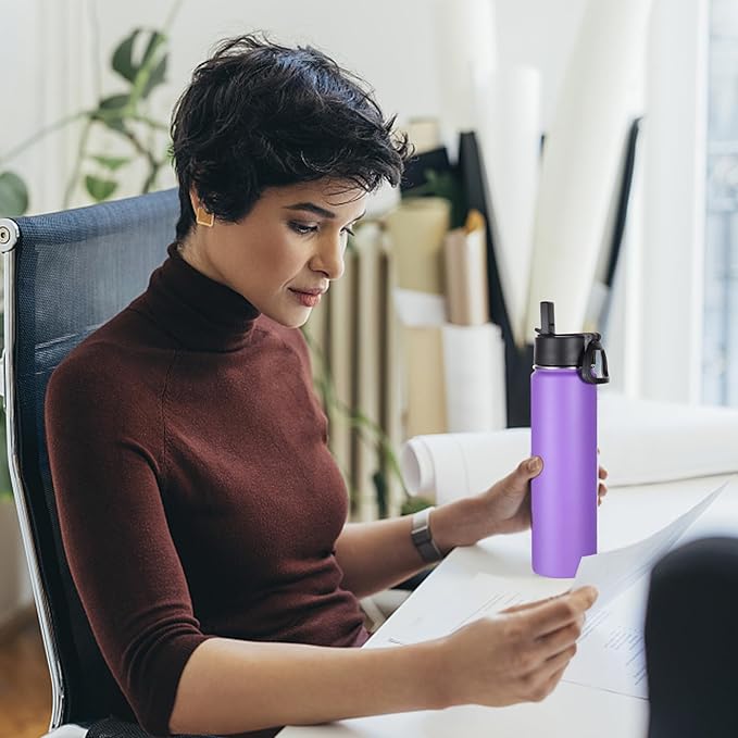 Volhoply 24oz Insulated Water Bottle With Straw Bulk 3 Pack,Metal Wide Mouth Water Bottles With Handle Lid,Reusable Double Wall Thermos,Powder Coated Sport Bottle For Holder(Lavender,3 Count)