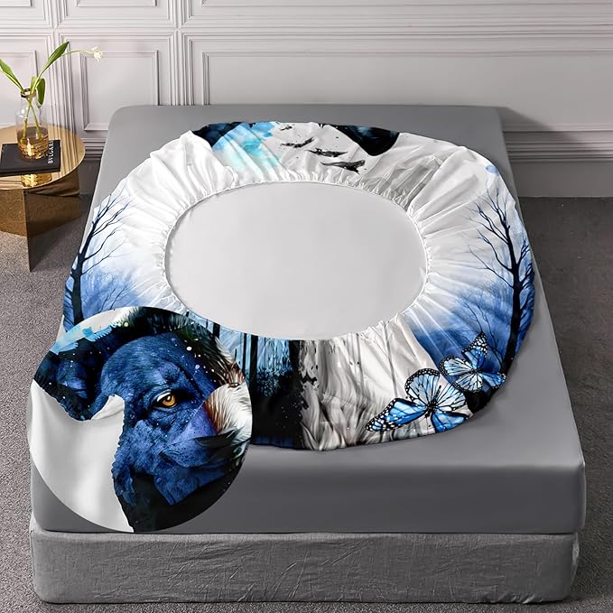 AILONEN Wolf Fitted Sheet Set Full Size Tie Dye Wolf Sheet Set for Boys Girls,Animal Wolf Wildlife Bed Sheet with 2 Pillowcases,3 Pieces Watercolor Wolf Print Bed Sheet Set