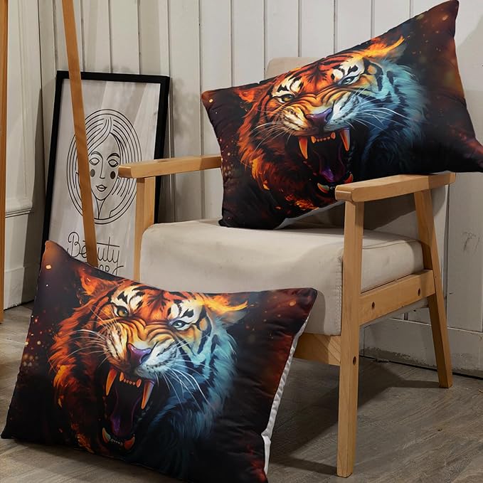 AILONEN Tiger Fitted Sheet Set Twin XL Size for Boys, Safari Tiger Bed Sheet Set for Kids Teen,3 Pieces Wildlife Bedding Flame Animal Tiger Print Fitted Sheet with 2 Pillowcases