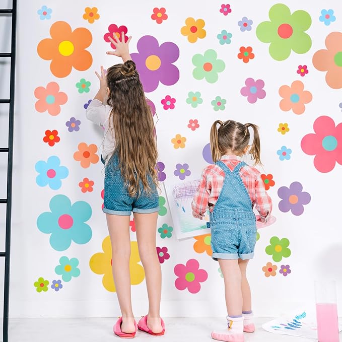 63pcs Cute Flowers Wall Sticker PVC Colorful Y2k Floral Wall Decor Vinyl Peel and Stick Flowers Stickers for Teen Girls Boy Kids Nursery Bedroom Kindergarten(9 Sheets, Bright Colors)