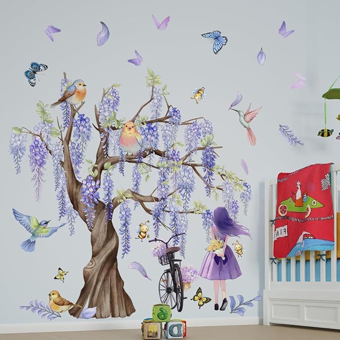 GGCC 7 FLAG Purple Theme Wall Stickers Set - Stylish Home Decor with Tree, Bird, Butterflies, and Flowers