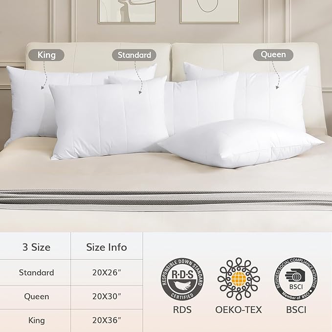 SAVORI Goose Down Feather Pillows with 100% Cotton Cover, Soft Hotel Bed Pillow for Sleeping, Cooling Pillow for Back, Stomach or Side Sleepers, Queen Size-White 20x30 Inch