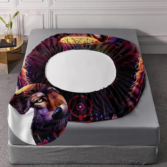 AILONEN Wolf Dream Catcher Fitted Sheet Set Queen Size, Wildlife Wolf Bed Sheet Set,Safari Animal Moon Wolf Fitted Sheet and 2 Pillowcases,3 Pieces(Boys/Men/Kids/Teens)