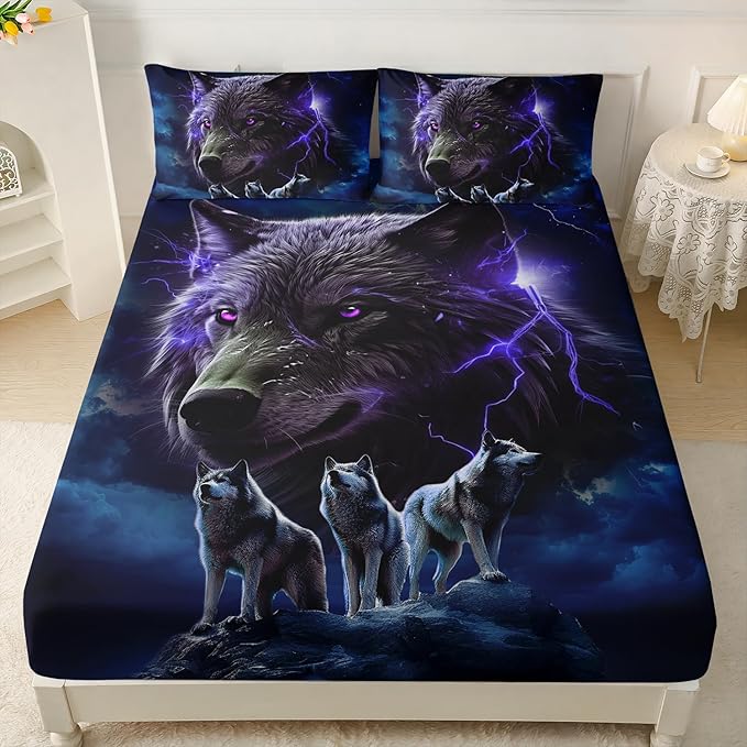 AILONEN Wolf Fitted Sheet Set Twin Size, Black Wolf Lightning Howling Wolf Bed Sheet Set for Boys,Wildlife Soft 3D Printed Fitted Sheet with 2 Pillowcases,3 Pieces