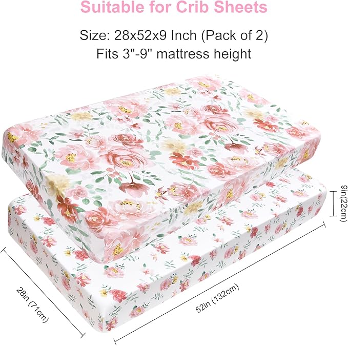 PHF Soft Floral Crib Sheet Fitted, 2 Pack Silky Comfy Breathable Baby Sheets for Girls, 28x52x9in Fits Standard Crib and Toddler Mattresses, Watercolor Floral