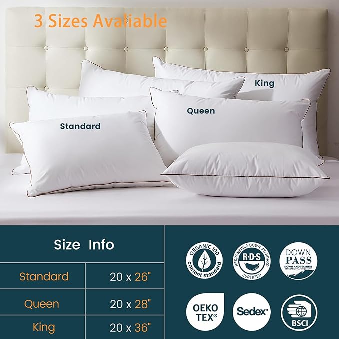 Luxury Hungarian White Goose Down Pillows Queen Size (Pack of 2) - 750 Fill Power - 500 Thread Count 100% Cotton Shell - Soft and Support Down Bed Pillow for Sleeping - Queen (20 x 28”)