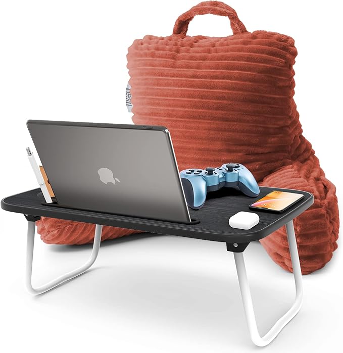 Nestl Reading Pillow with Portable Lap Desk Stand for Laptop 19x11”, Cut Plush Striped Back Pillow, Back Support Pillow, Shredded Memory Foam Bed Rest Pillow with Arms for Kids & Teens, Small - Misty