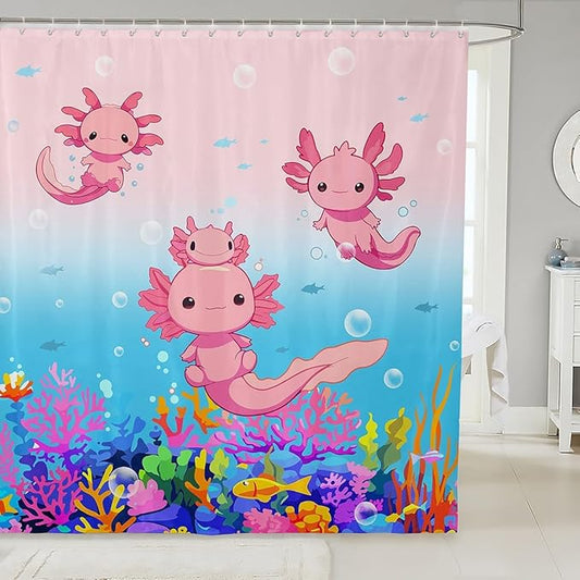 Feelyou Boys Girls Cute Axolotl Bath Curtain Ocean Sealife Shower Curtain Kids Cartoon Salamander Bathroom Shower Curtain Set Kawaii Teens Bathroom Accessories Room Decor 72"x72"