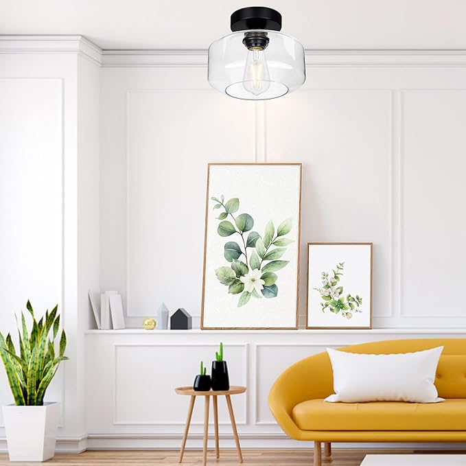 Industrial Semi Flush Mount Ceiling Light, 800 Lumen LED Bulb Included, Clear Glass Shade Ceiling Light Fixture, Farmhouse Light Fixture for Hallway Corridor Kitchen Bathroom Bedroom Passway
