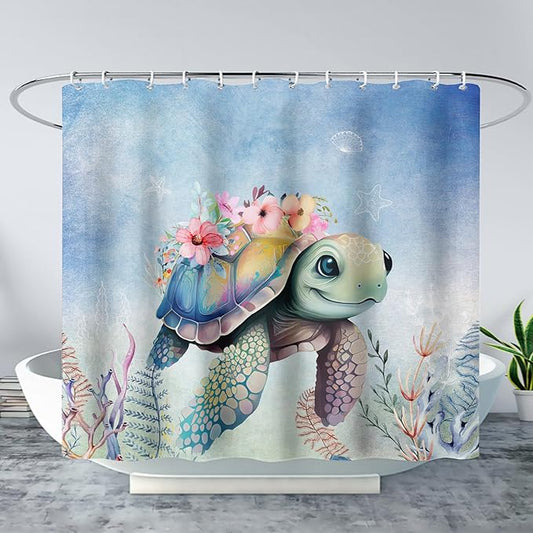 AILONEN Sea Turtle Shower Curtain,Kawaii Sea Turtle Bath Curtain Cloth Fabric Bathroom 60" W*72" H Inch,12 Pack Hooks for Kids,Ocean Animal Themed Bathroom Curtain