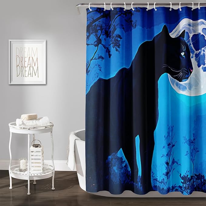 AILONEN Black Panther Shower Curtain,Evening Moon Leopard Bath Curtain for Women,Wildlife Cheetah Polyester Waterproof for Bathroom,36" W*72" H with Plastic Hooks
