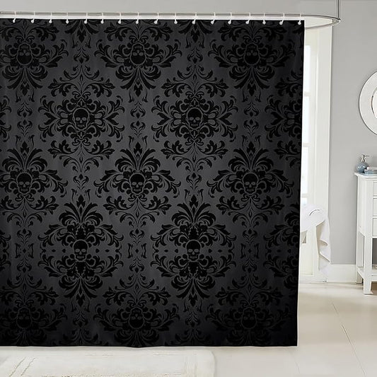 Feelyou Black Damask Shower Curtain 72"x78" Kids Vintage Floral Bathroom Shower Curtain Set for Boys Girls Teens Antique Victorian Baroque Bath Curtain Gothic Bone Skeleton Bathroom Accessories